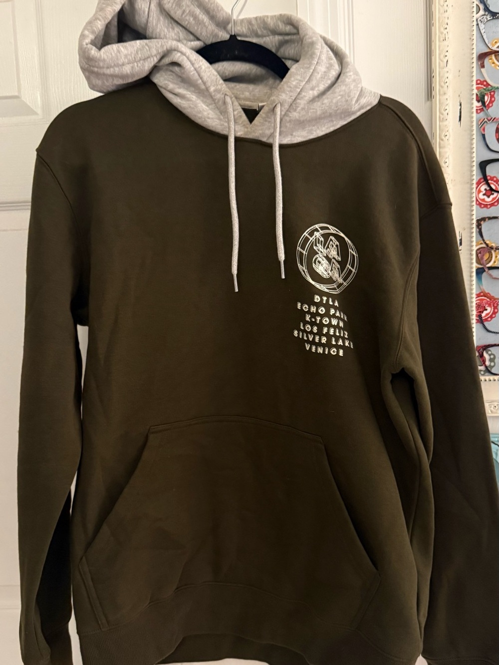 H&M Olive Green Hoodie with Light Gray Hood and Drawstrings